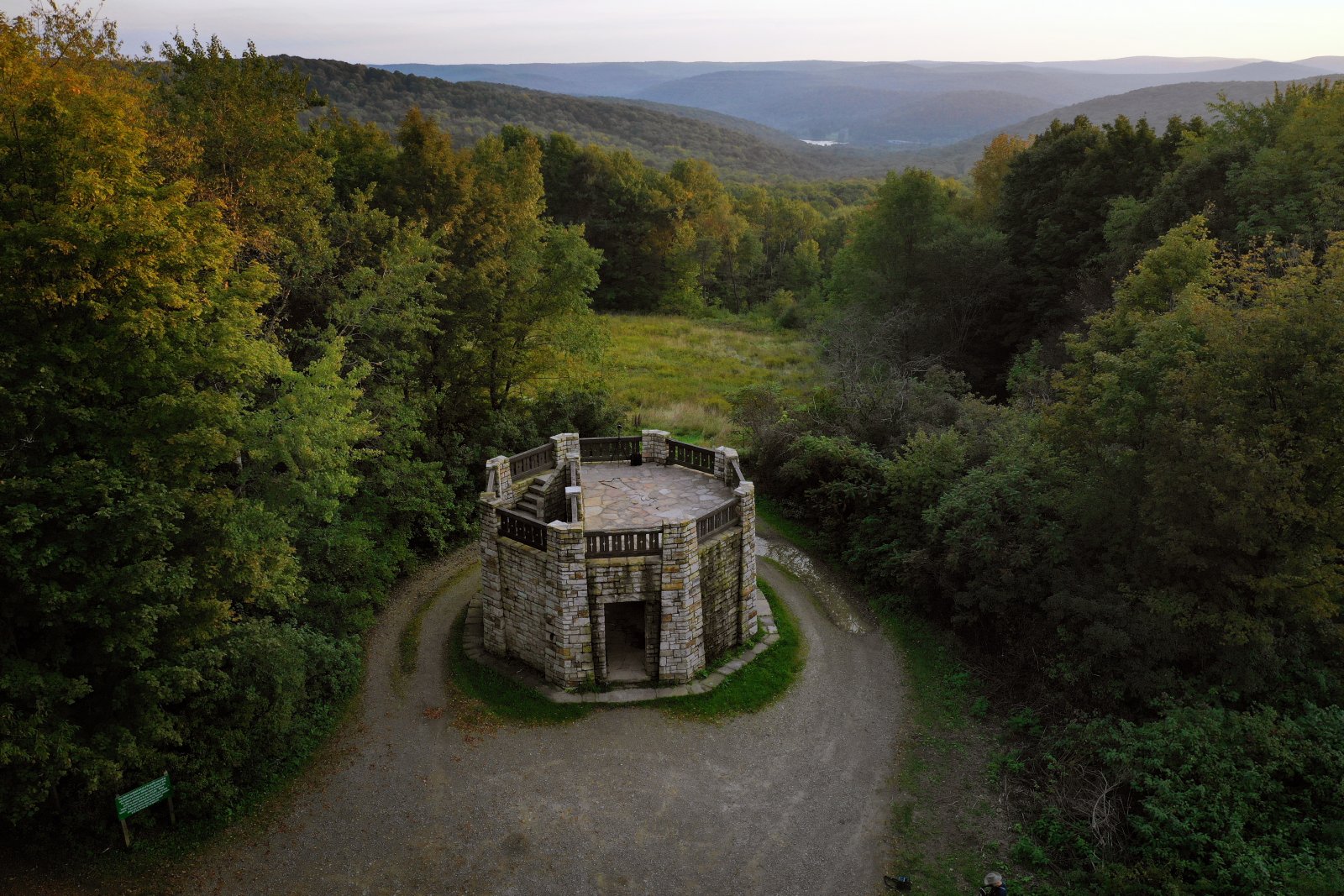 Aerial of Stone Tower at Allegany State Park taken by Dan Kutcha